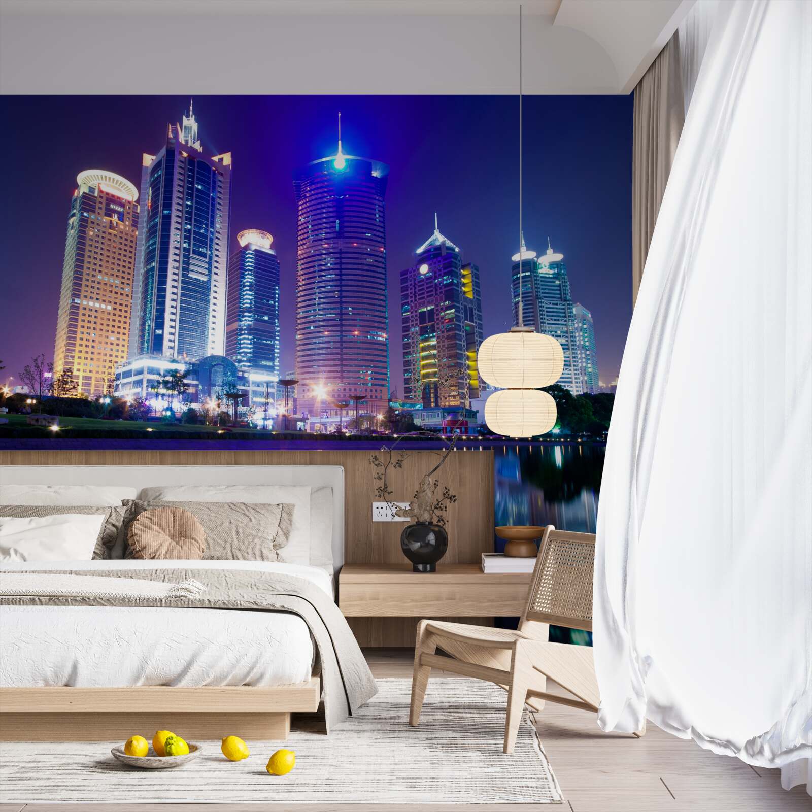 Fotobehang weerspiegelingen van wolkenkrabbers bij nacht