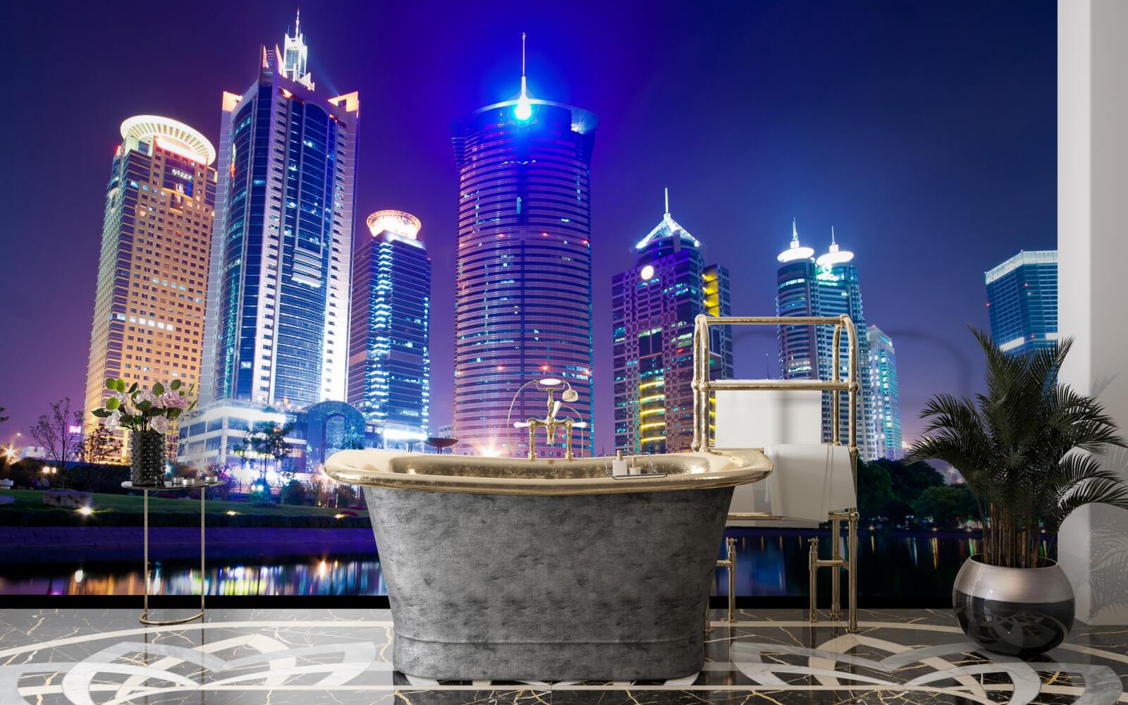 Fotobehang weerspiegelingen van wolkenkrabbers bij nacht