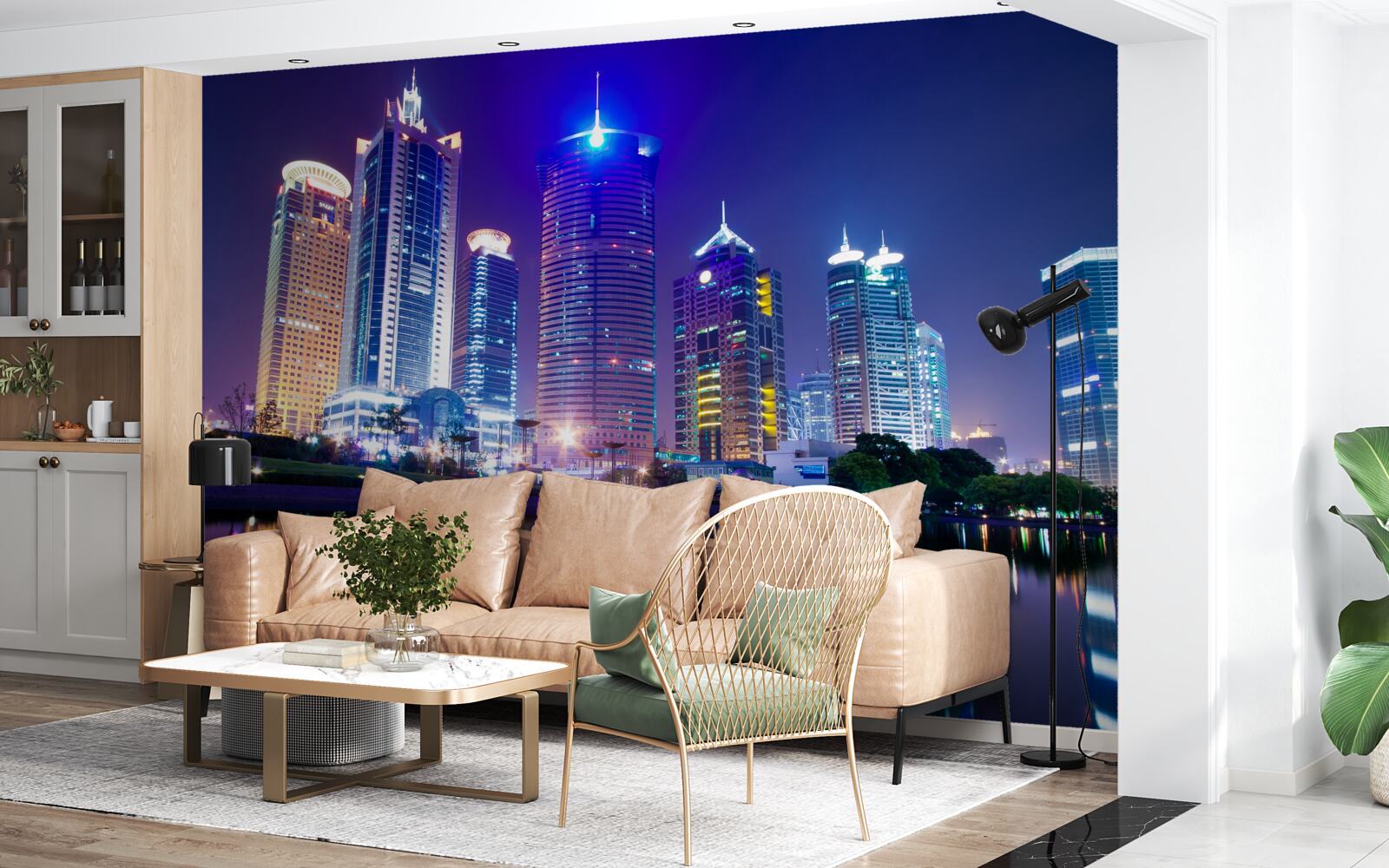 Fotobehang weerspiegelingen van wolkenkrabbers bij nacht