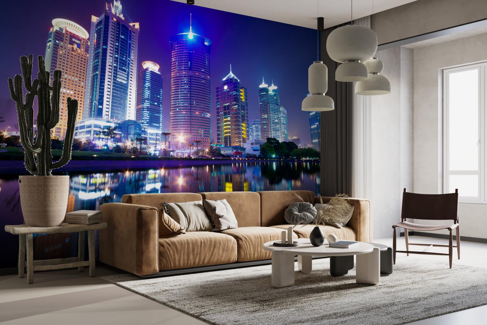 Fotobehang weerspiegelingen van wolkenkrabbers bij nacht