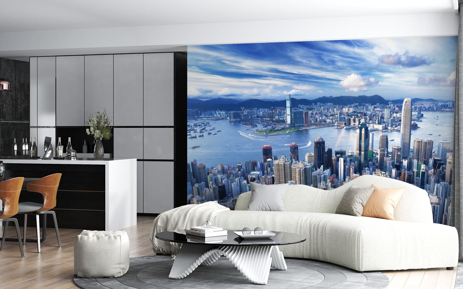 Fotobehang wolkenkrabbers in de haven van victoria