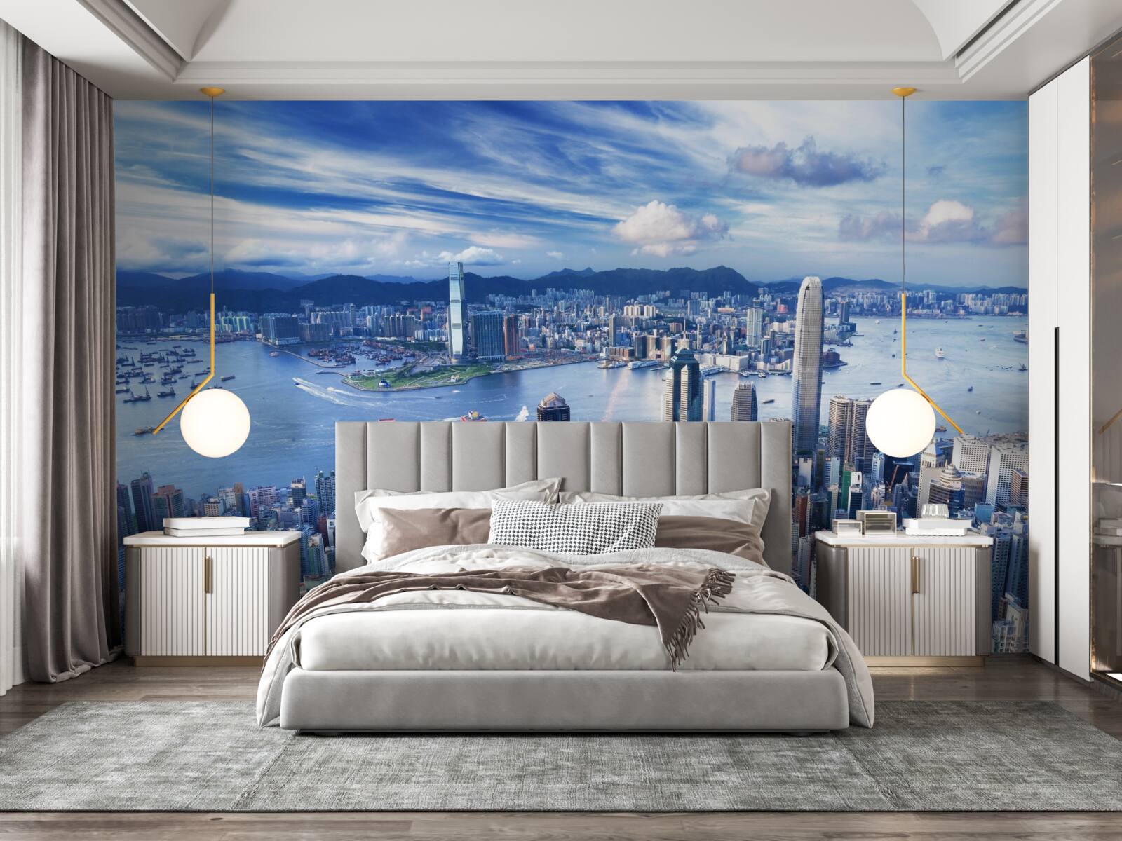 Fotobehang wolkenkrabbers in de haven van victoria