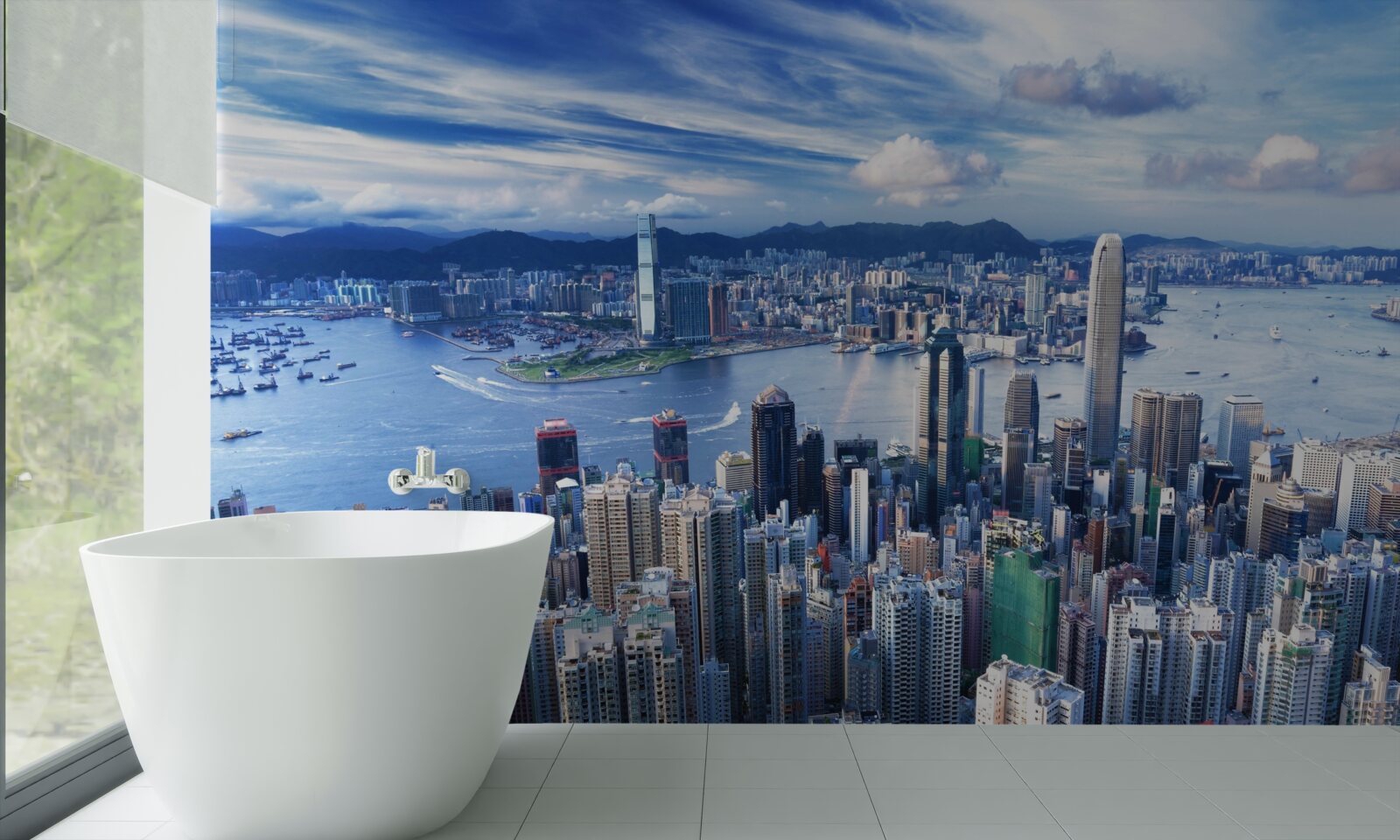 Fotobehang wolkenkrabbers in de haven van victoria