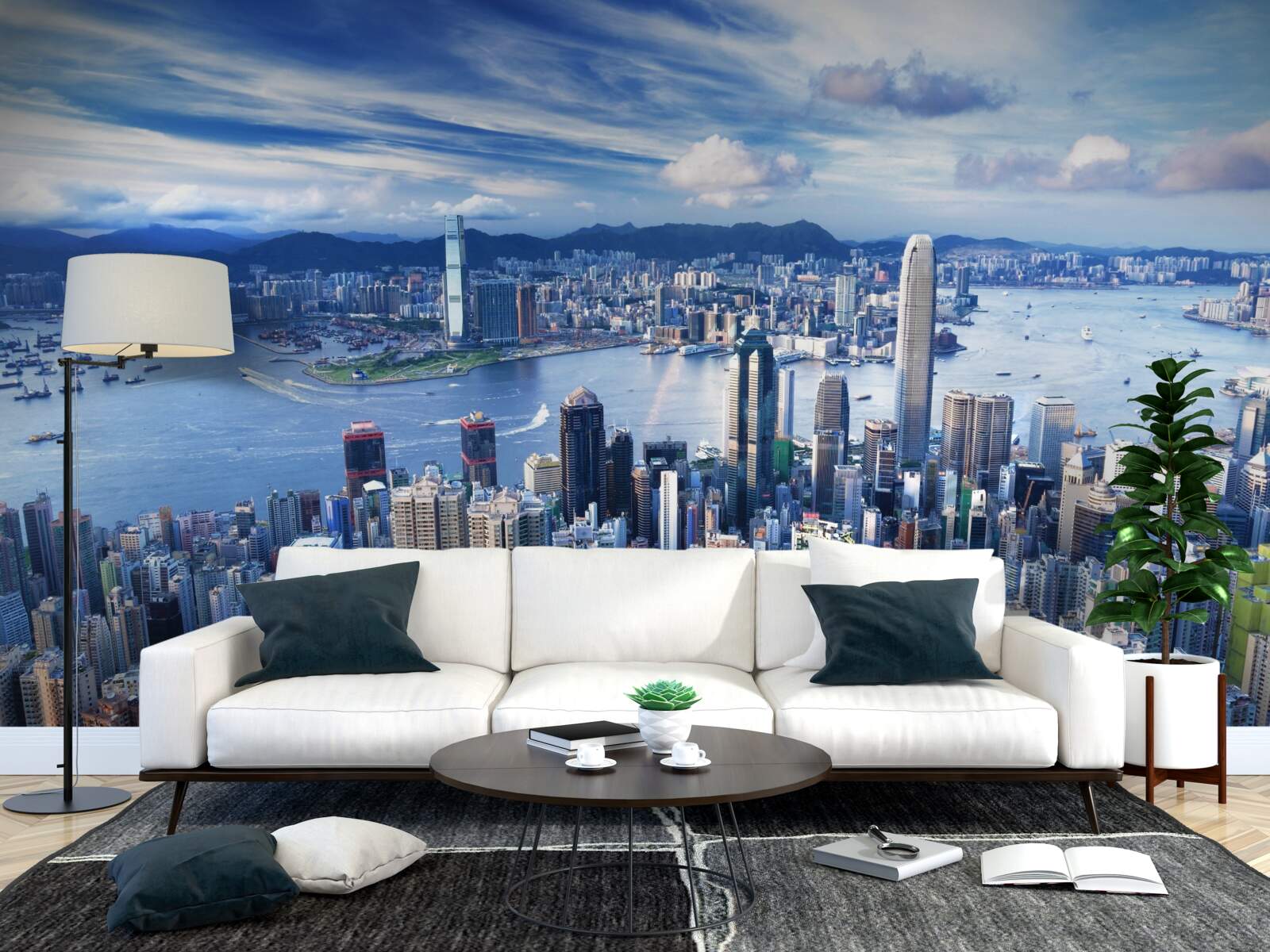 Fotobehang wolkenkrabbers in de haven van victoria