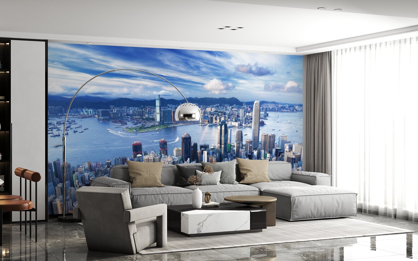 Fotobehang wolkenkrabbers in de haven van victoria