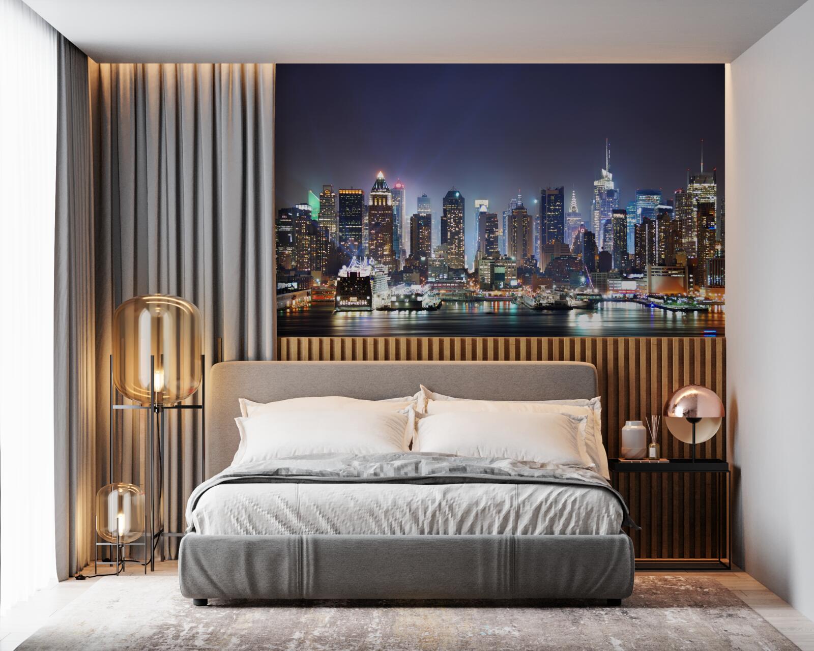 Fotobehang wolkenkrabbers van een grote stad bij nacht