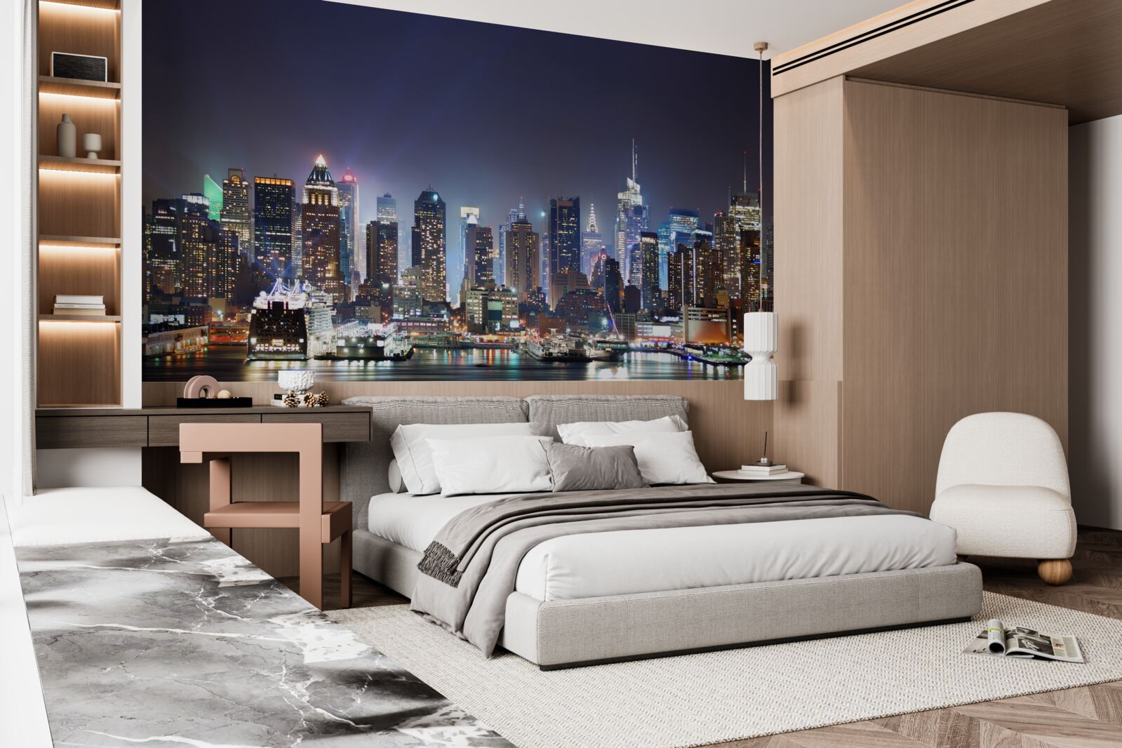 Fotobehang wolkenkrabbers van een grote stad bij nacht