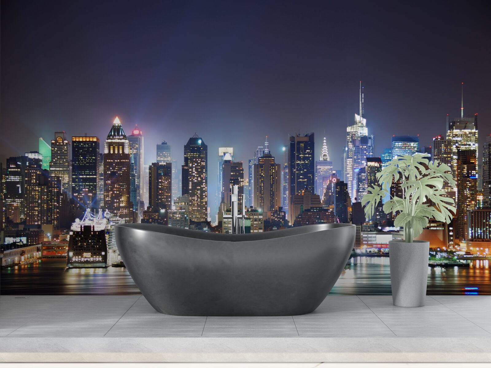 Fotobehang wolkenkrabbers van een grote stad bij nacht