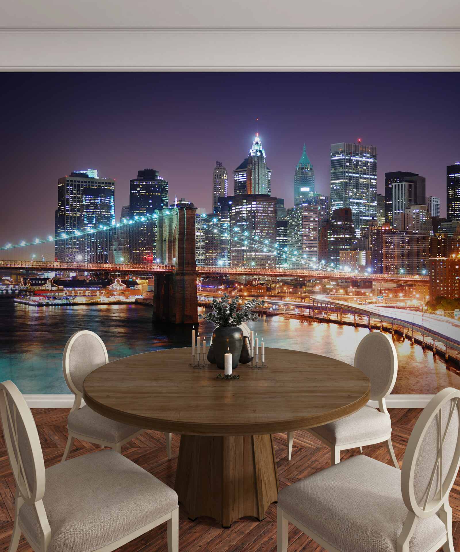 Fotobehang Brooklyn Bridge in de nachtelijke skyline