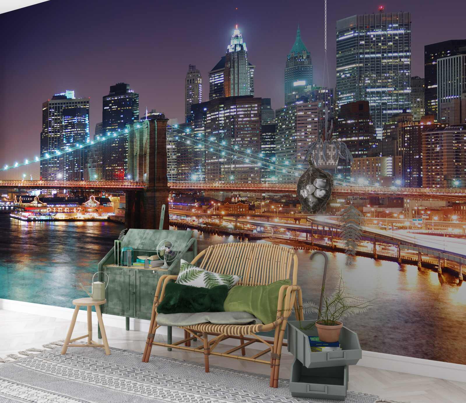 Fotobehang Brooklyn Bridge in de nachtelijke skyline