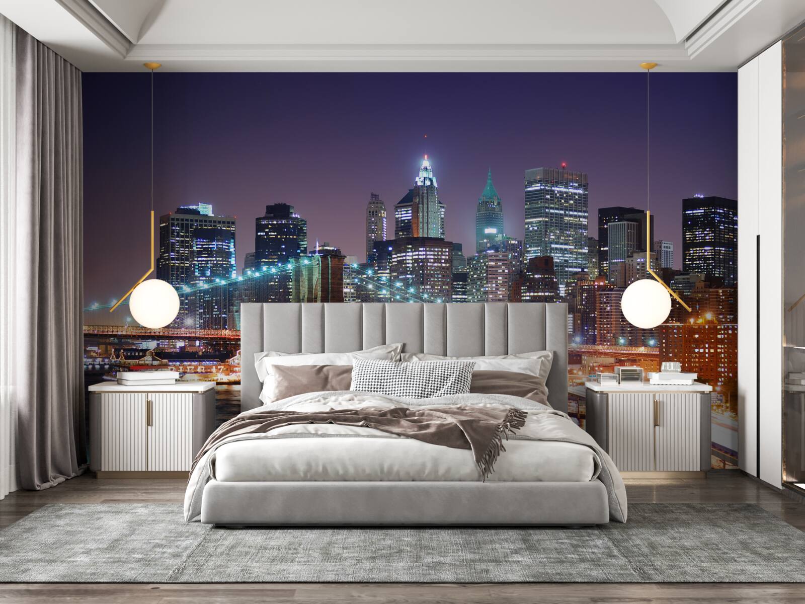 Fotobehang Brooklyn Bridge in de nachtelijke skyline