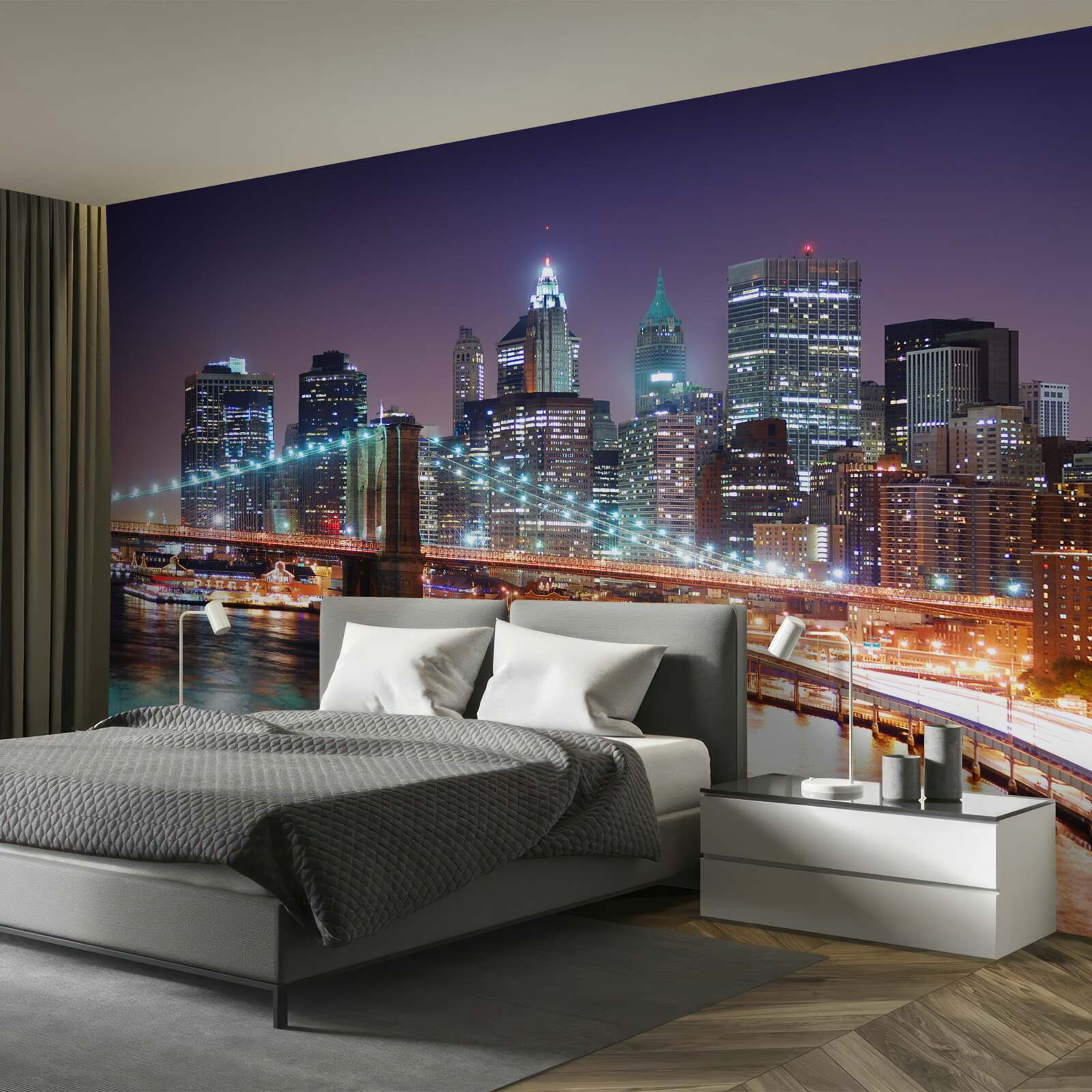 Fotobehang Brooklyn Bridge in de nachtelijke skyline