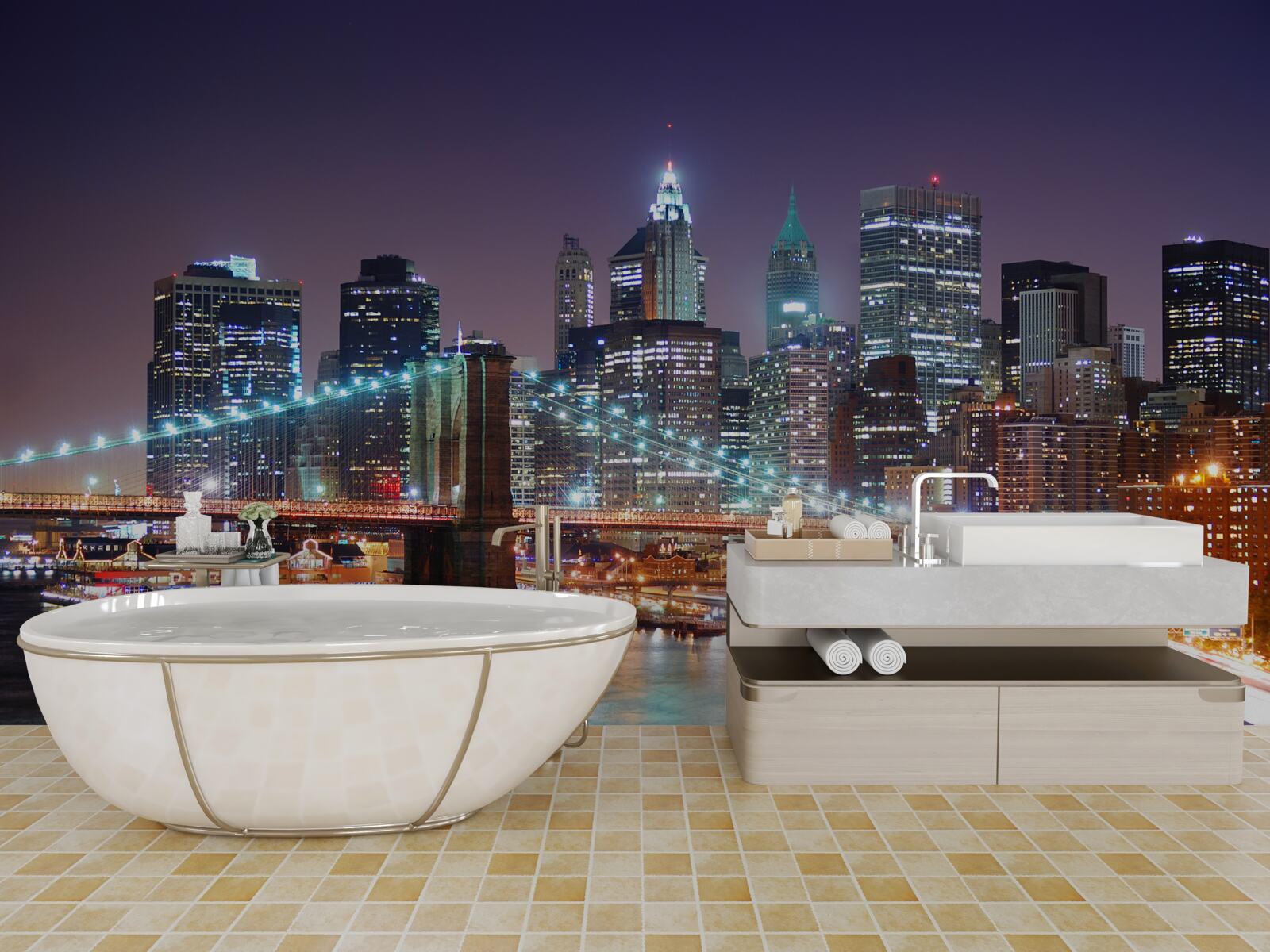 Fotobehang Brooklyn Bridge in de nachtelijke skyline