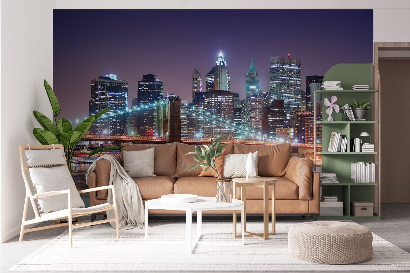 Fotobehang Brooklyn Bridge in de nachtelijke skyline