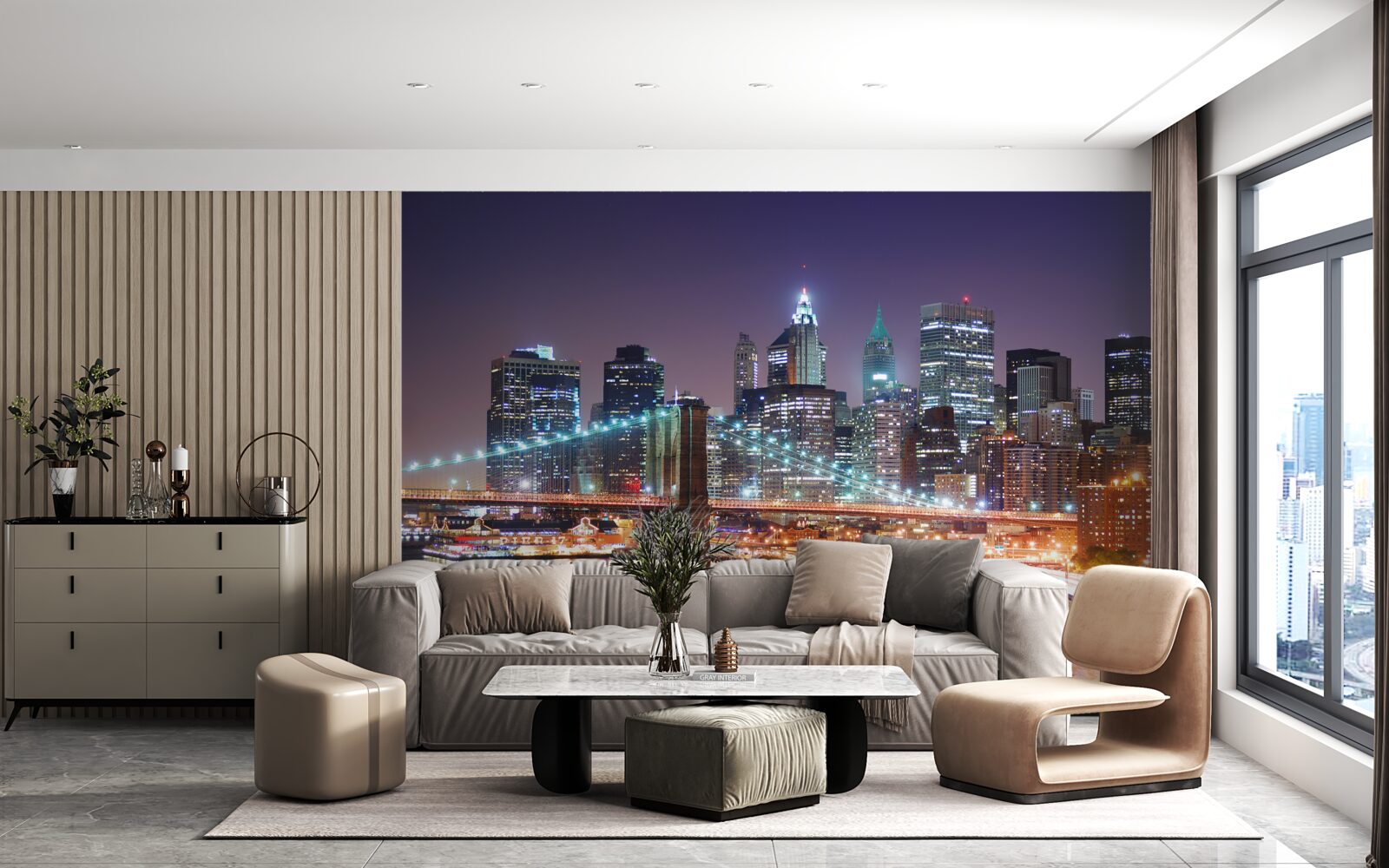 Fotobehang Brooklyn Bridge in de nachtelijke skyline