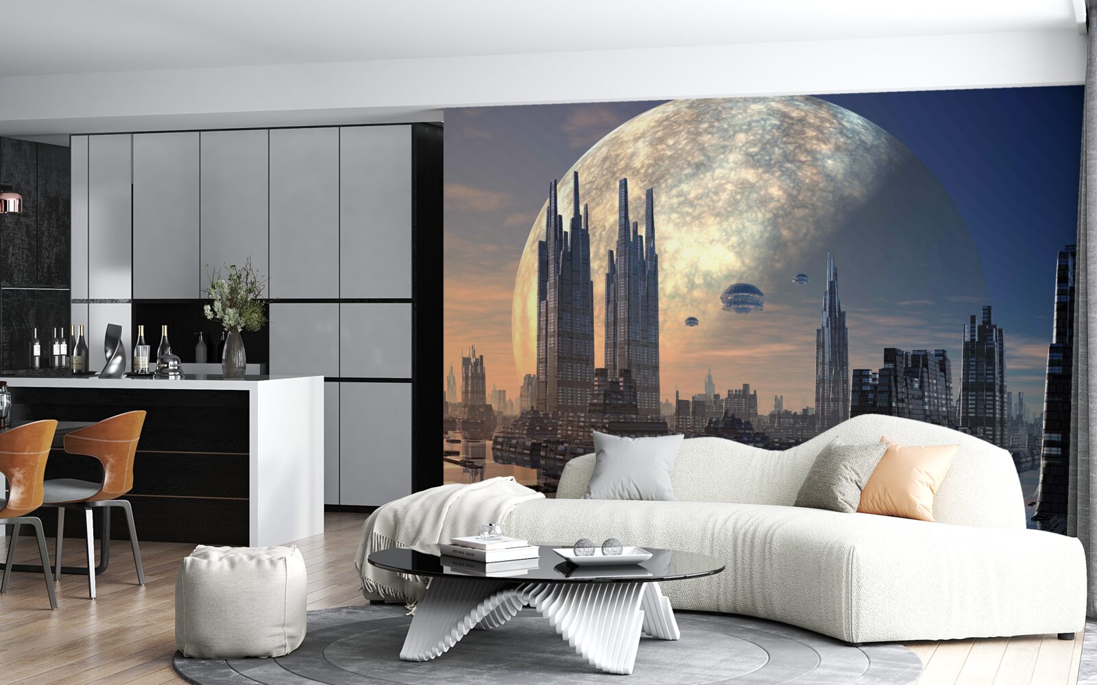 Fotobehang futuristische stad in het maanlicht