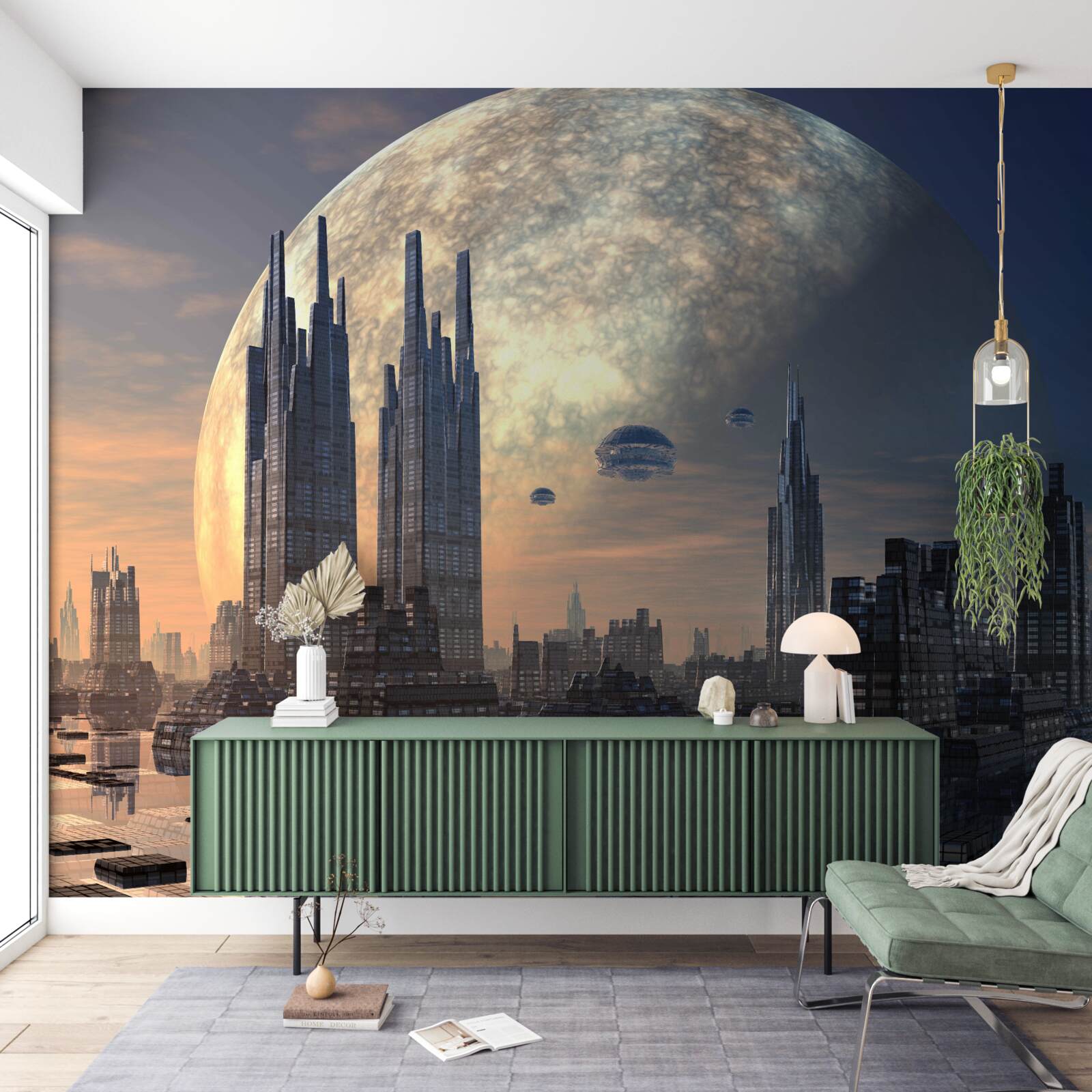 Fotobehang futuristische stad in het maanlicht