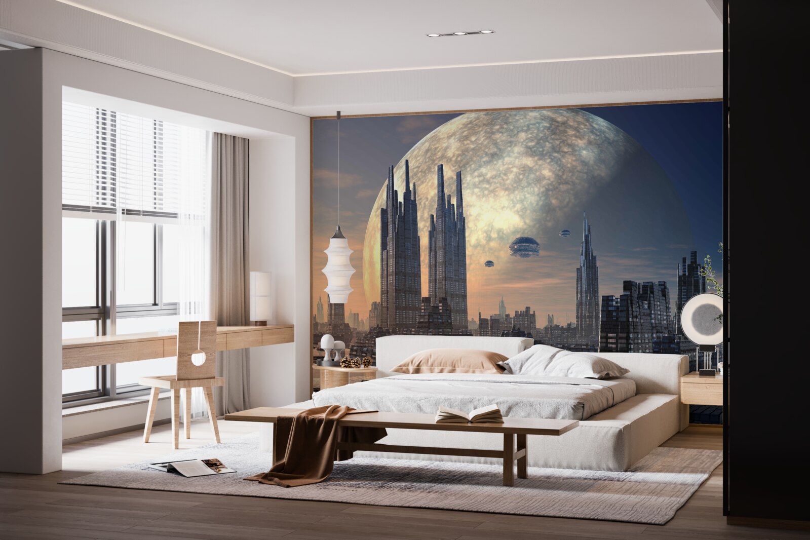 Fotobehang futuristische stad in het maanlicht