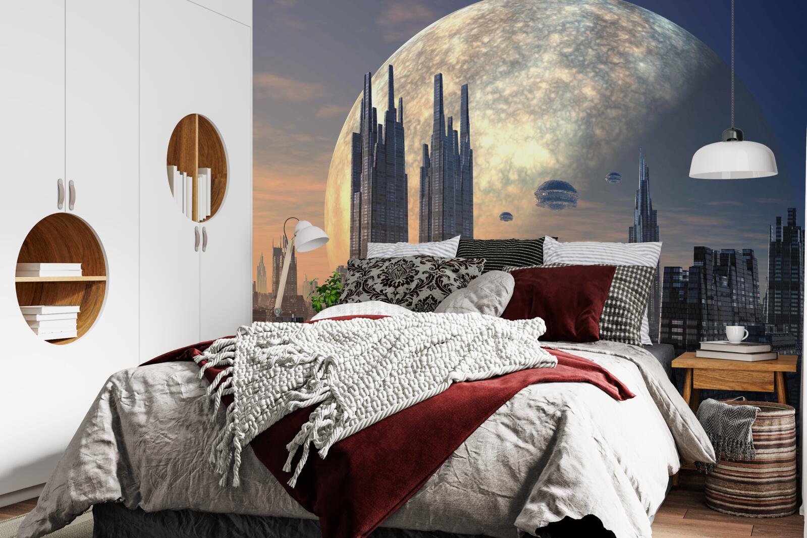 Fotobehang futuristische stad in het maanlicht