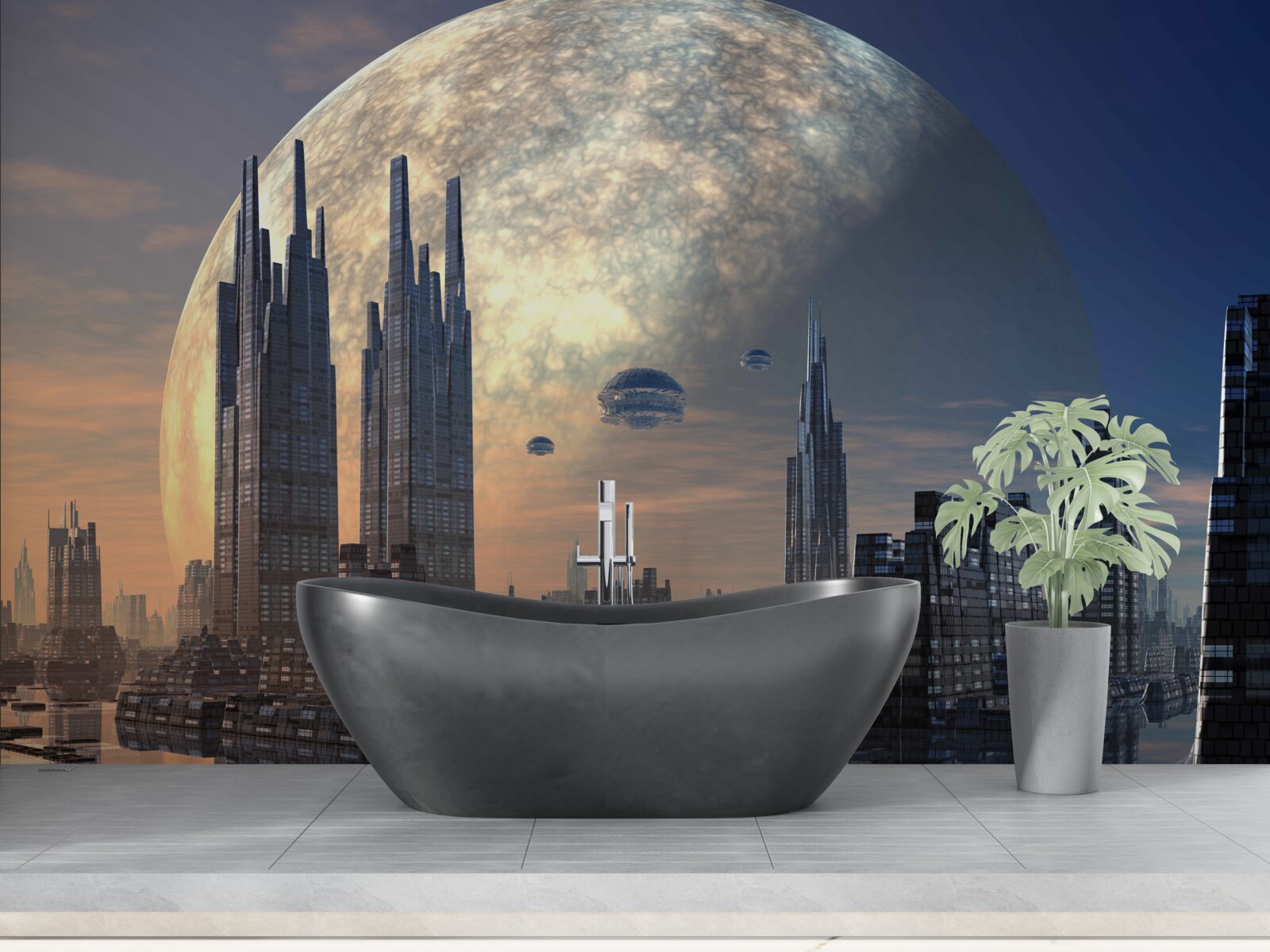 Fotobehang futuristische stad in het maanlicht