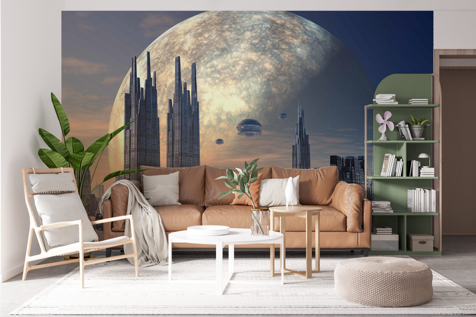 Fotobehang futuristische stad in het maanlicht