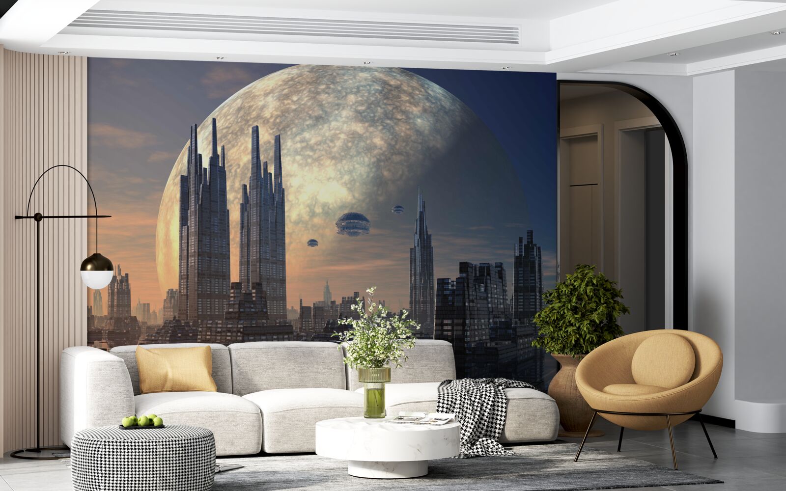 Fotobehang futuristische stad in het maanlicht