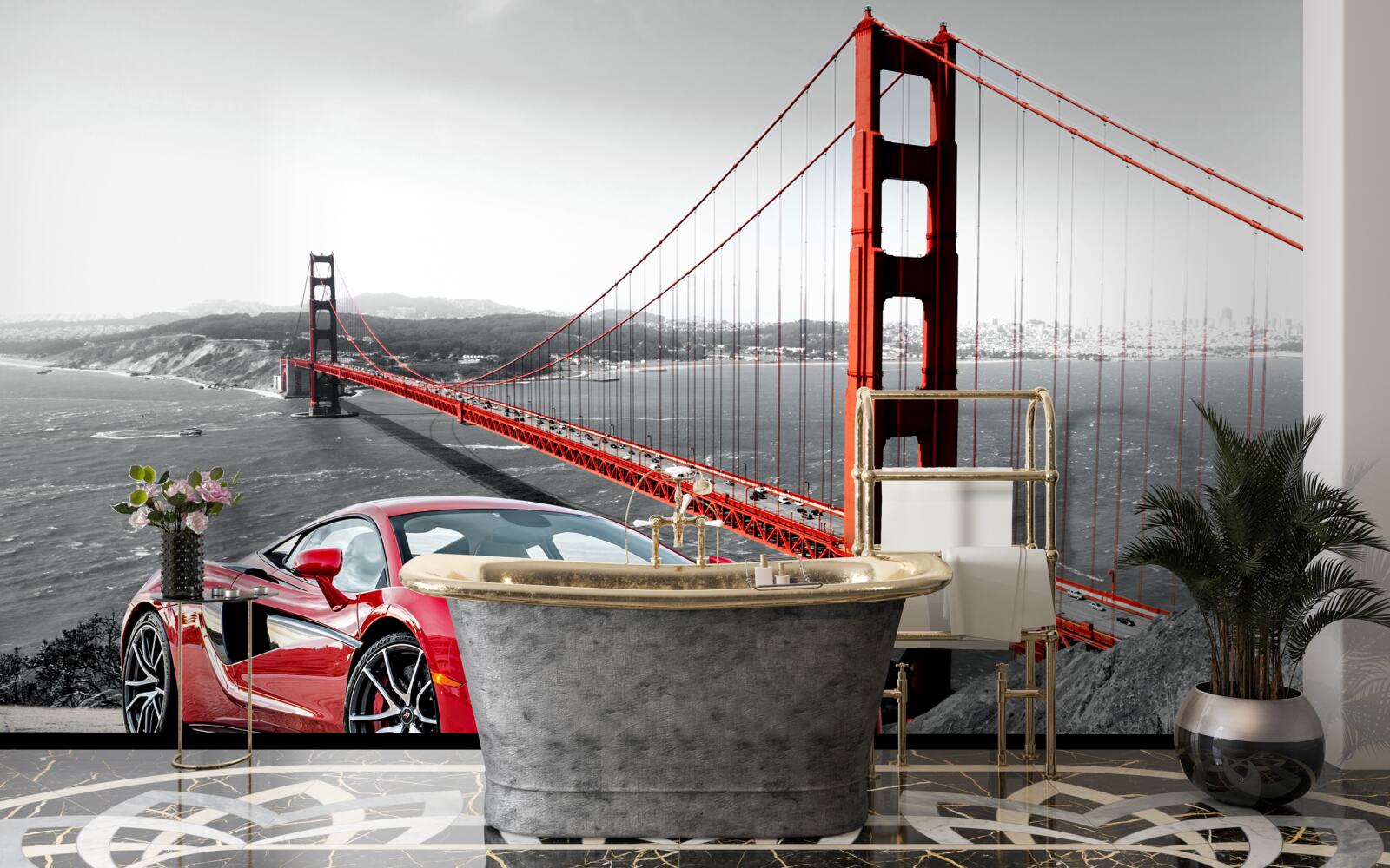 Fotobehang brug op de achtergrond met mclaren