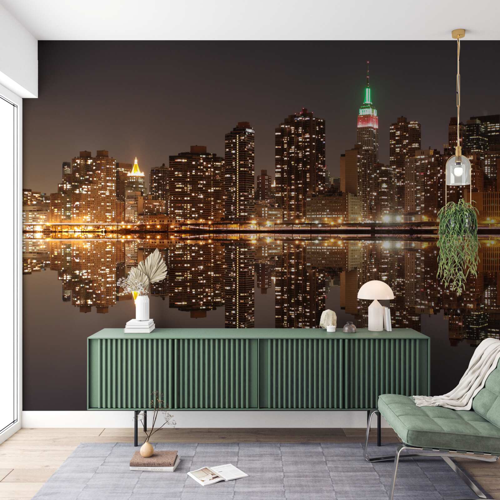 Fotobehang de weerspiegeling van de stad in het water is als een spiegel