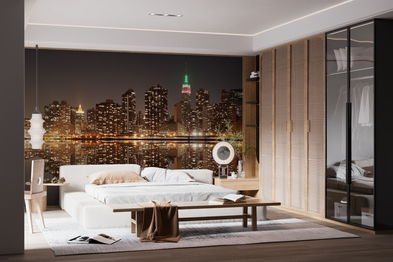 Fotobehang de weerspiegeling van de stad in het water is als een spiegel