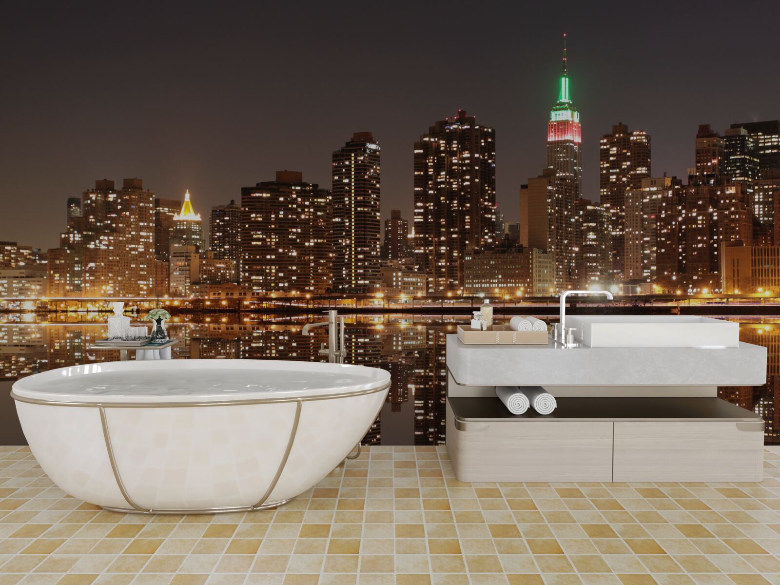 Fotobehang de weerspiegeling van de stad in het water is als een spiegel