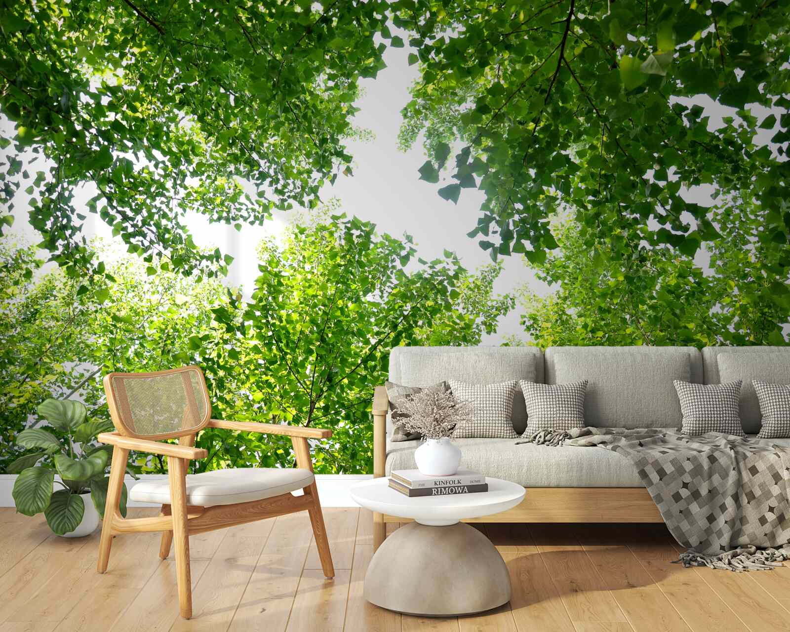 Fotobehang witte lucht met groene bladeren