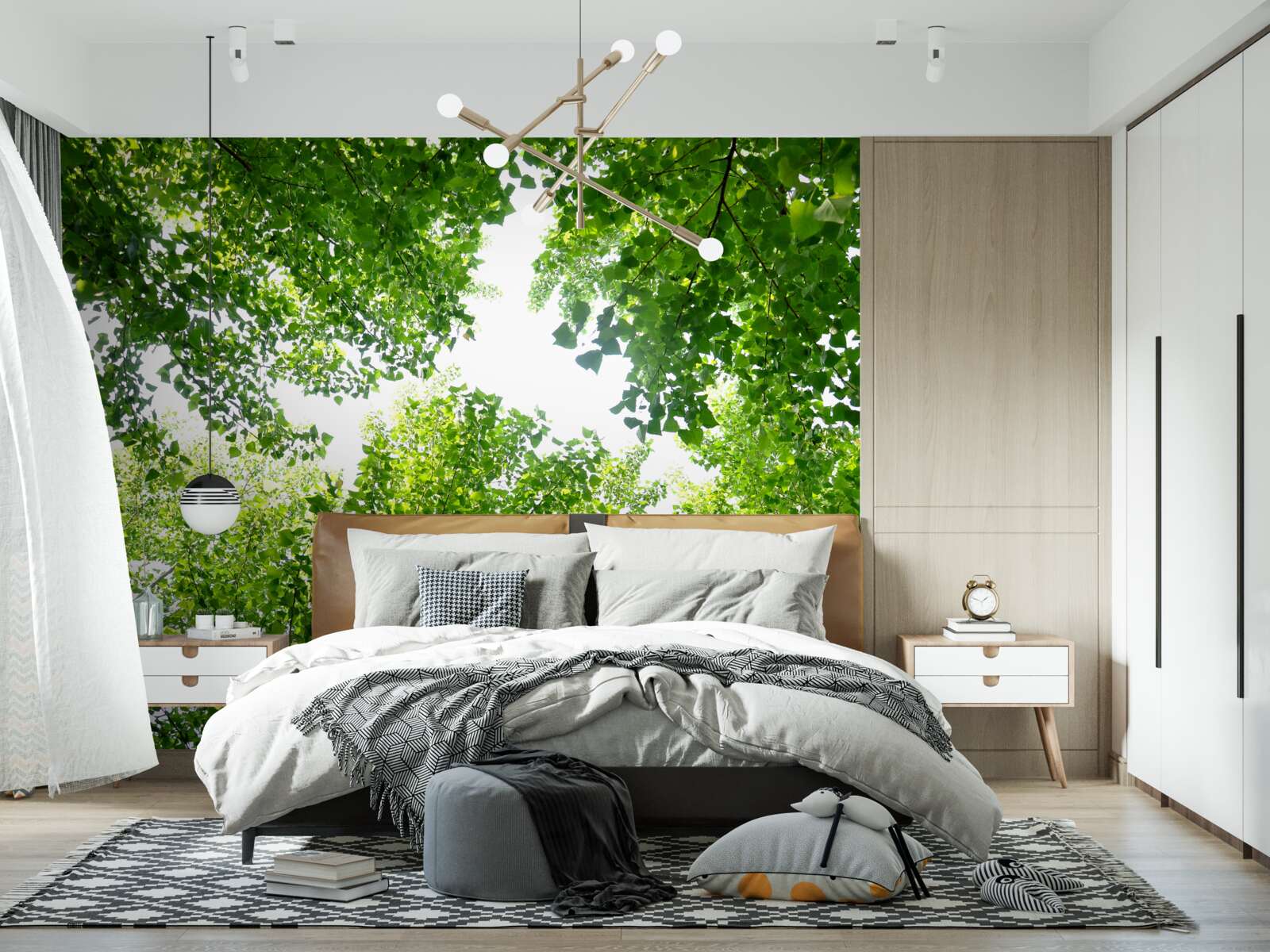 Fotobehang witte lucht met groene bladeren