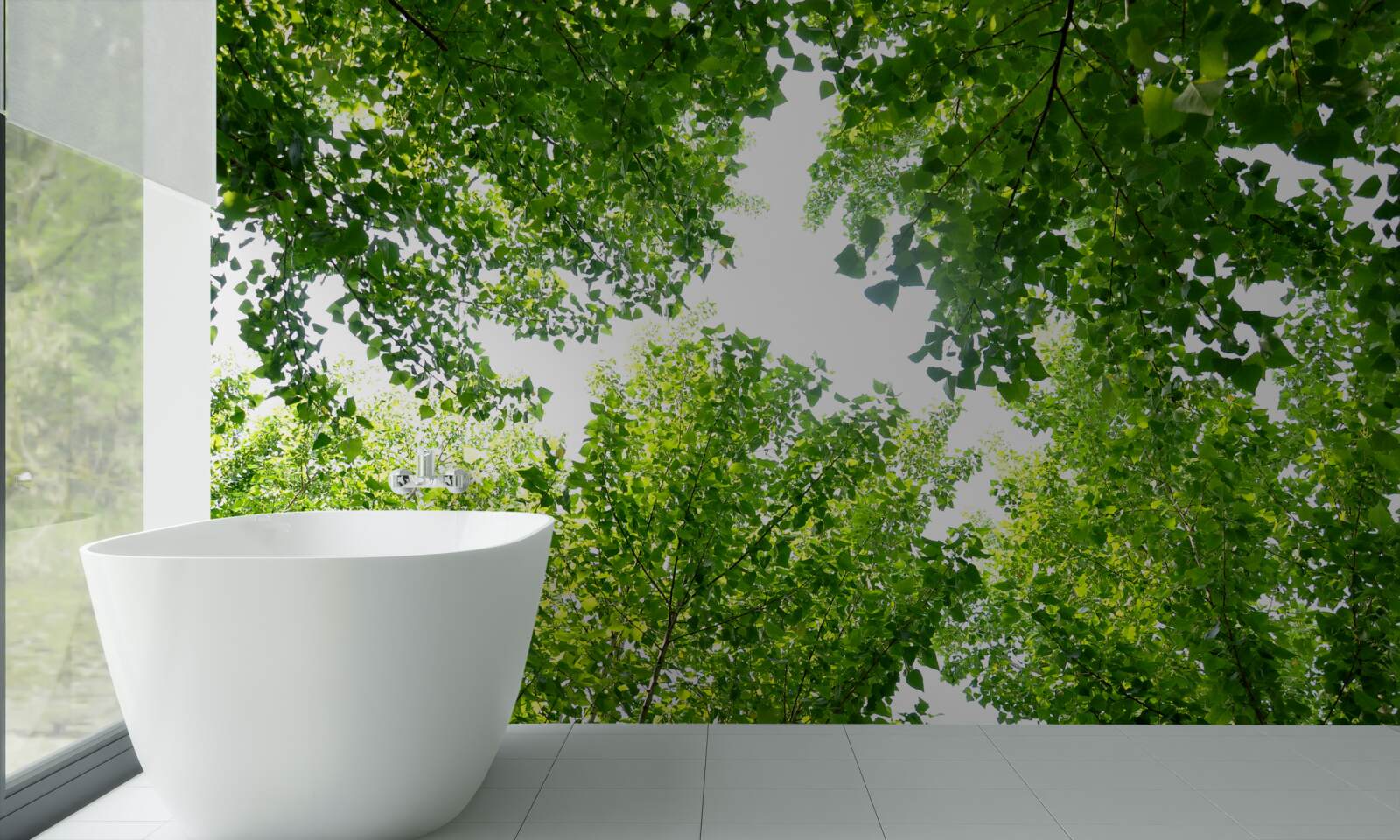 Fotobehang witte lucht met groene bladeren