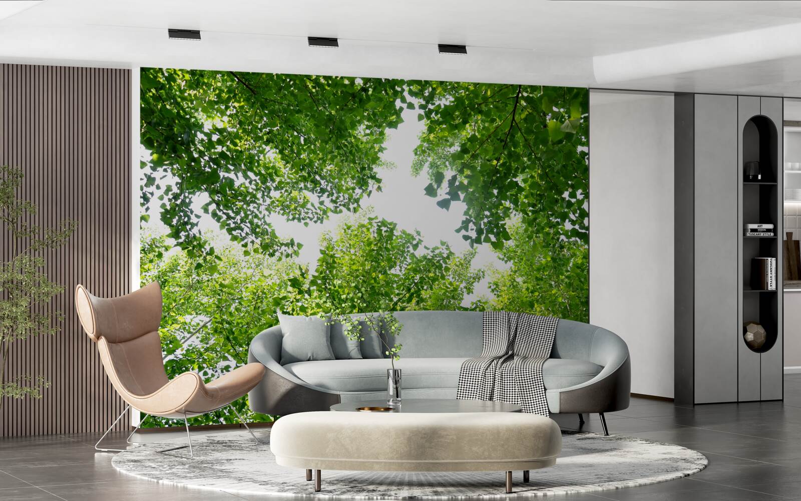 Fotobehang witte lucht met groene bladeren