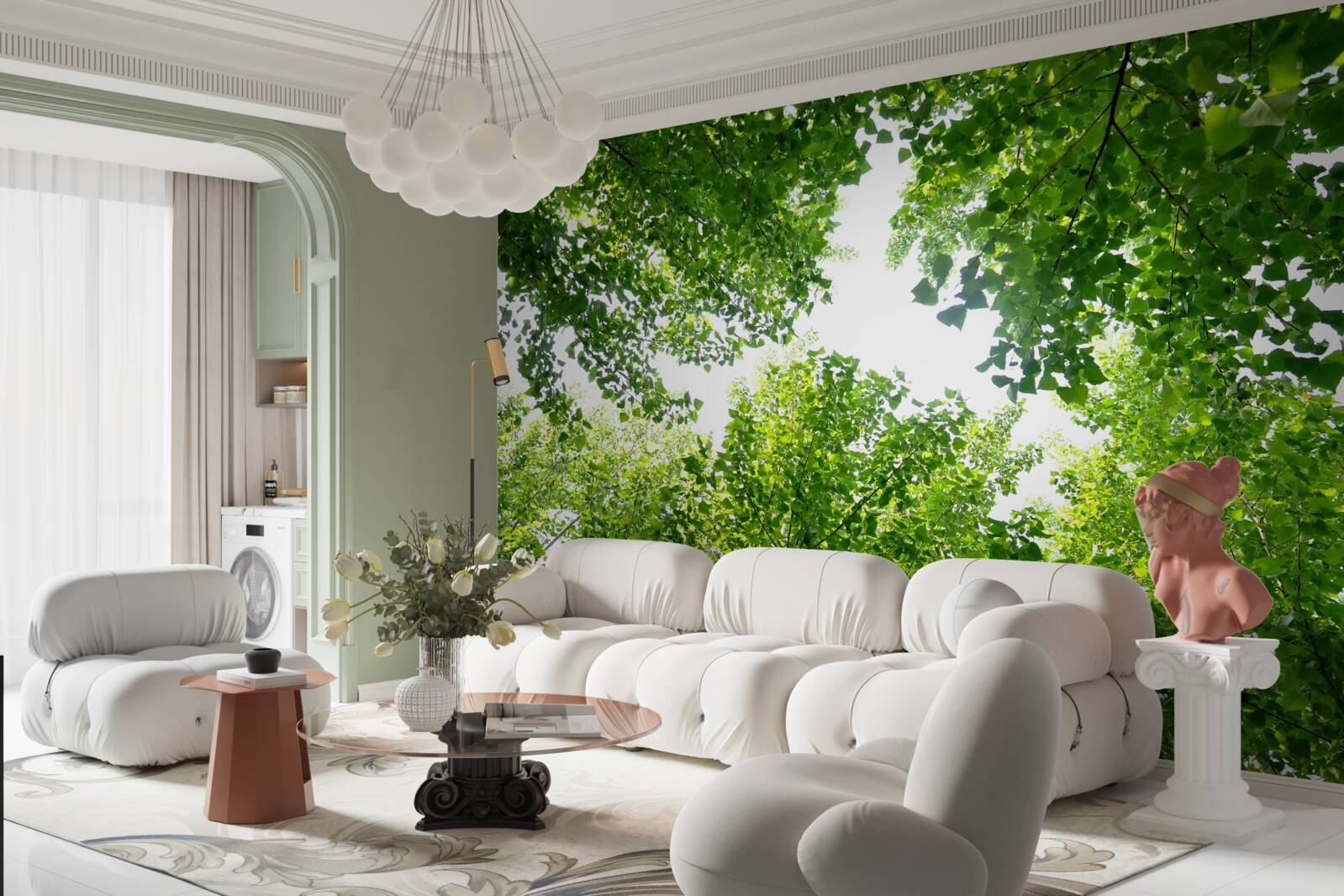 Fotobehang witte lucht met groene bladeren