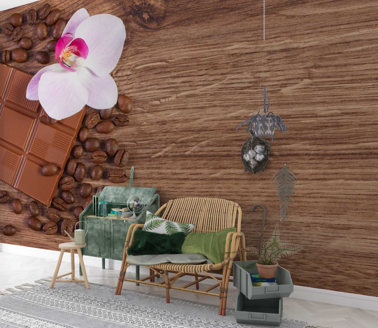 Fotobehang sneeuwwitte orchidee gedoopt in koffie en chocolade