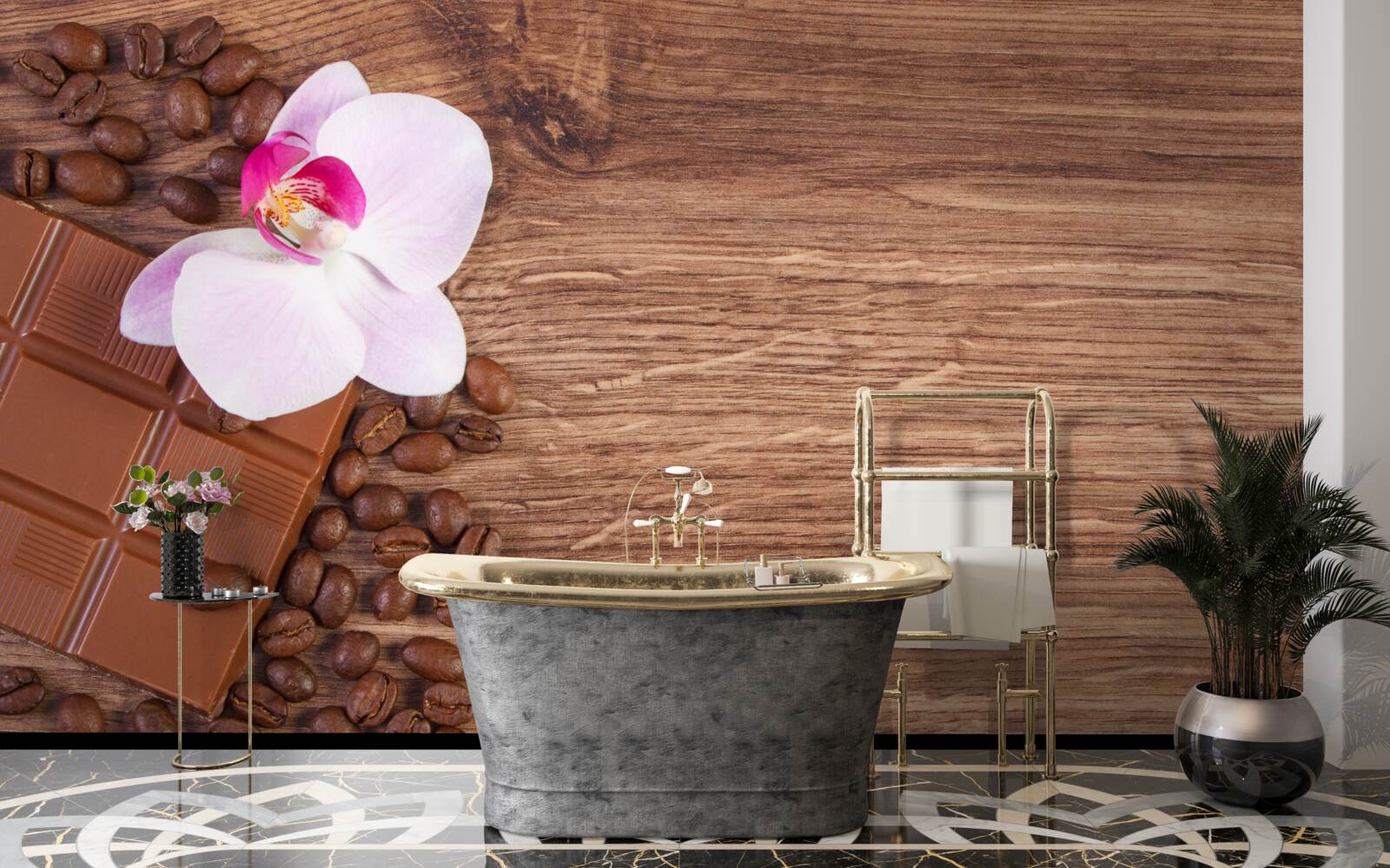 Fotobehang sneeuwwitte orchidee gedoopt in koffie en chocolade