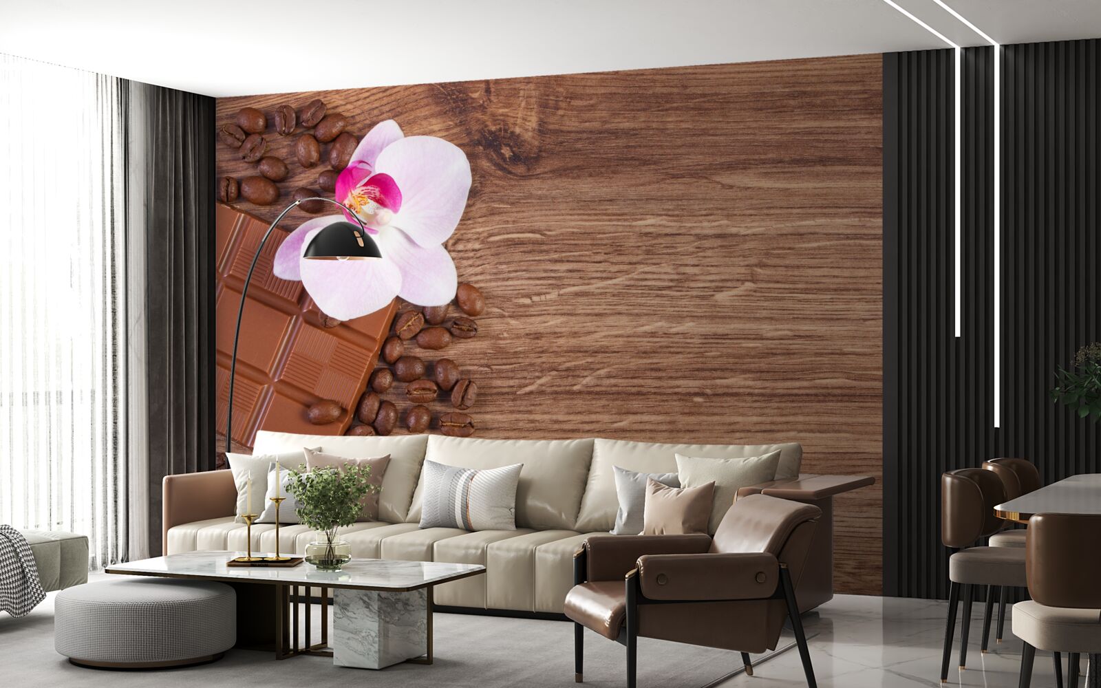 Fotobehang sneeuwwitte orchidee gedoopt in koffie en chocolade