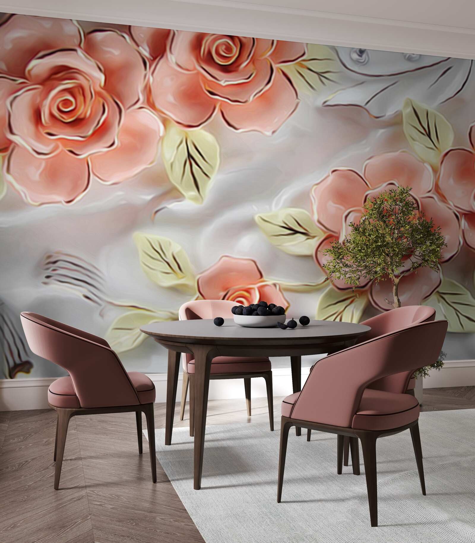 Fotobehang roze rozen met groene bladeren