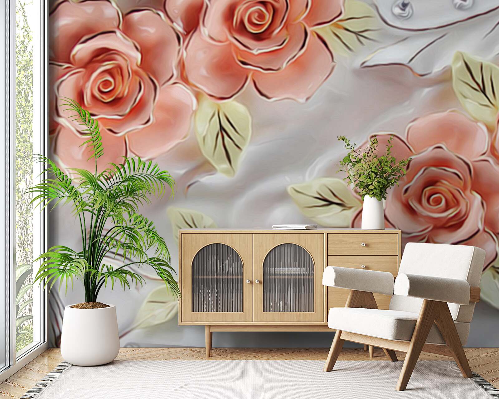 Fotobehang roze rozen met groene bladeren