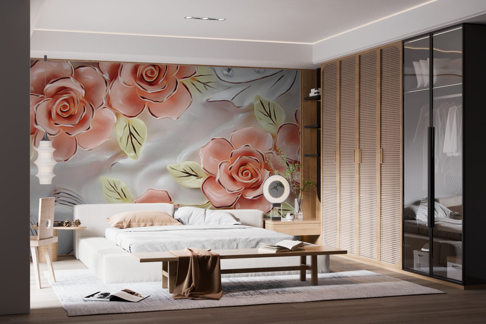 Fotobehang roze rozen met groene bladeren