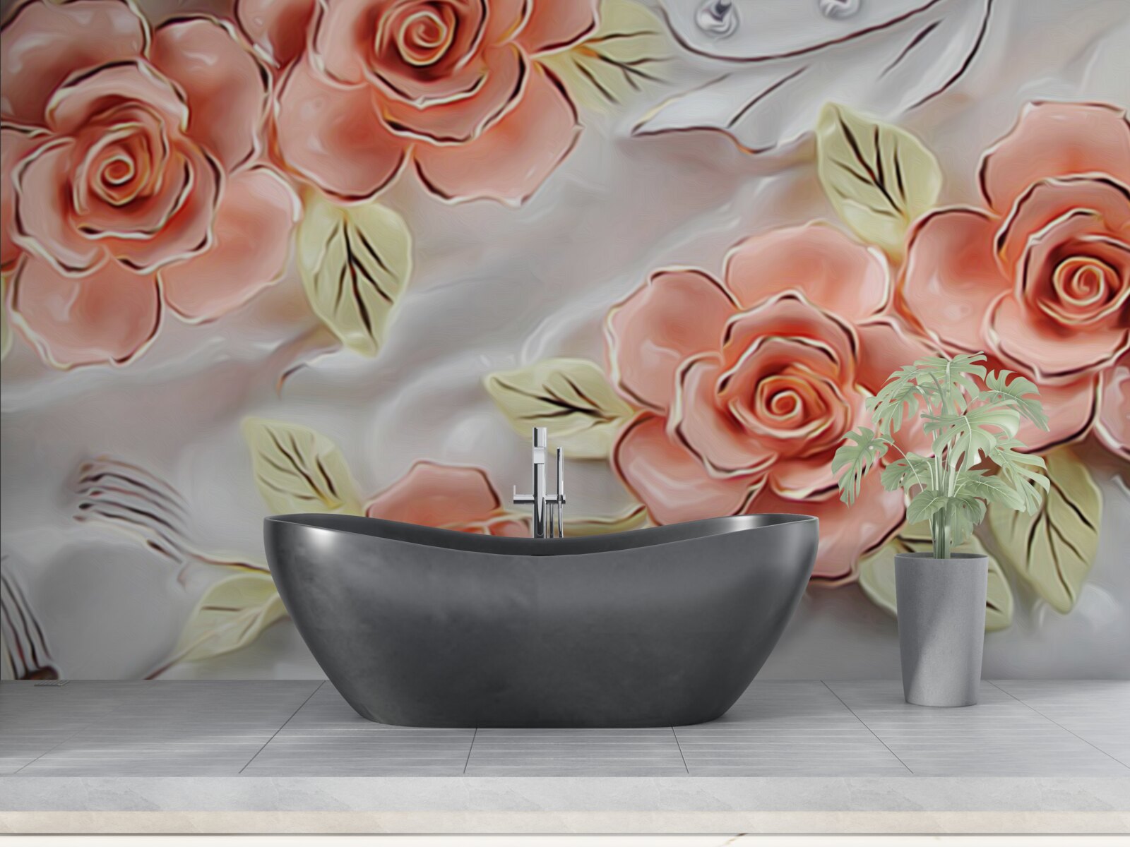 Fotobehang roze rozen met groene bladeren