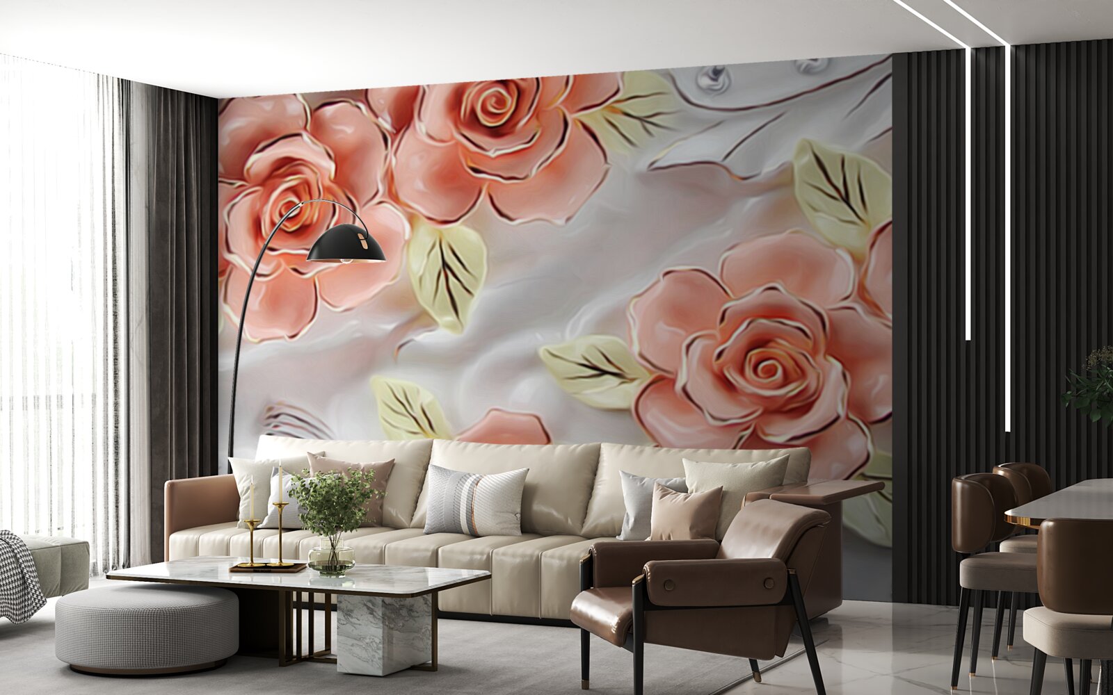 Fotobehang roze rozen met groene bladeren