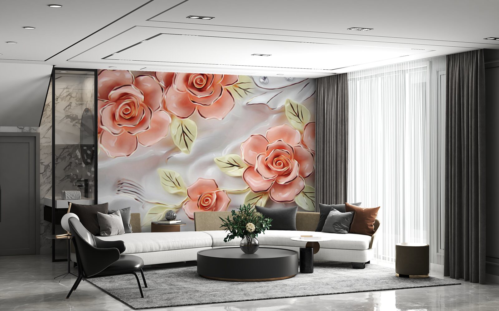 Fotobehang roze rozen met groene bladeren