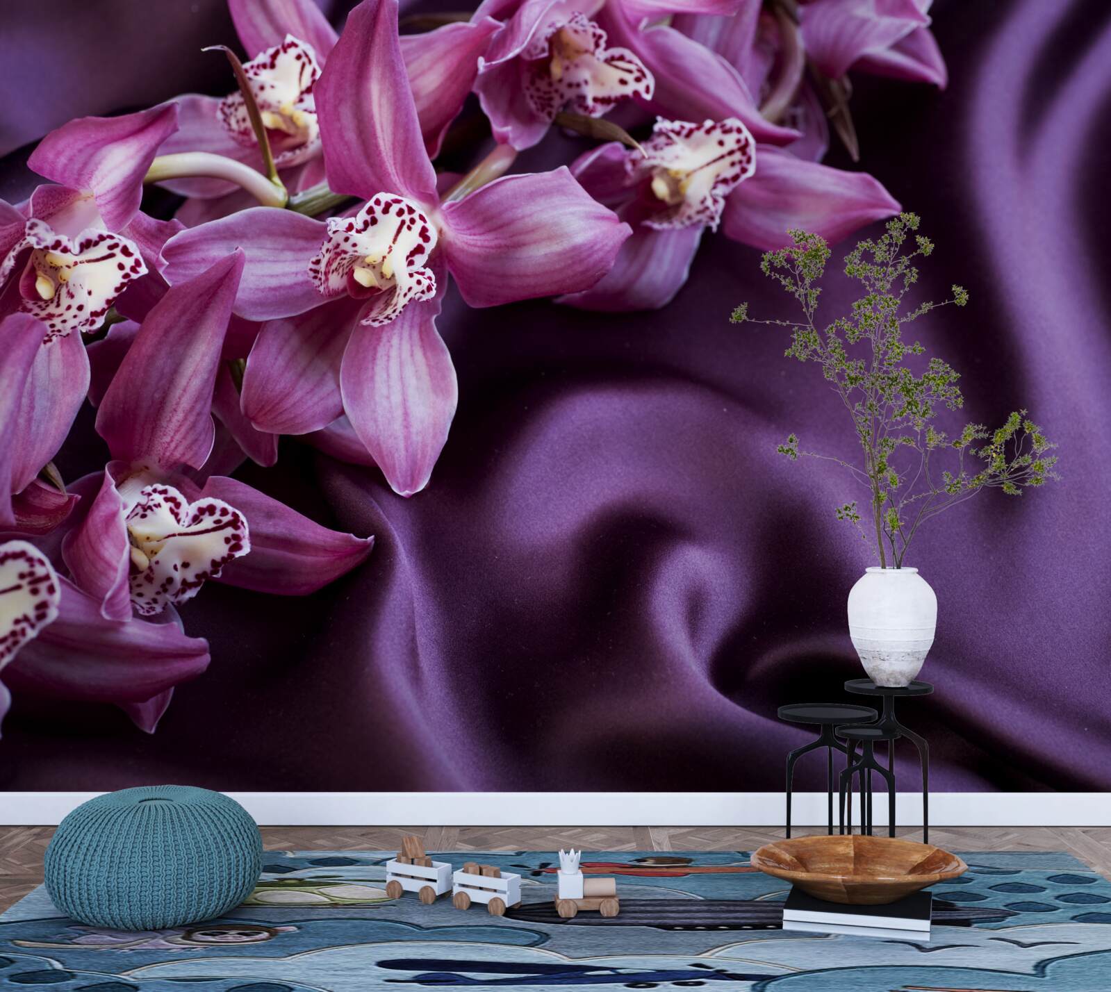 Fotobehang paarse orchideeën op satijn in dezelfde tint