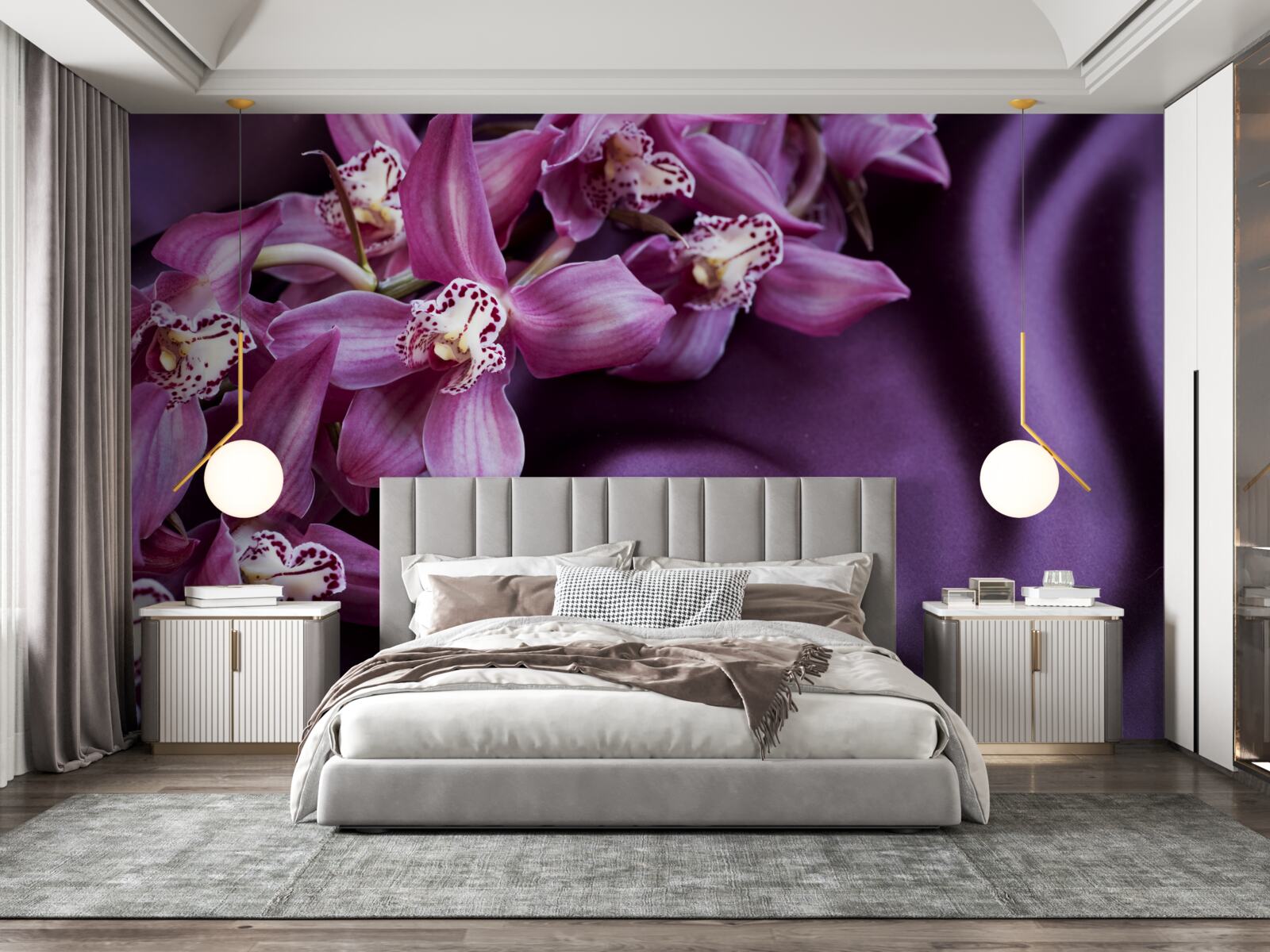 Fotobehang paarse orchideeën op satijn in dezelfde tint