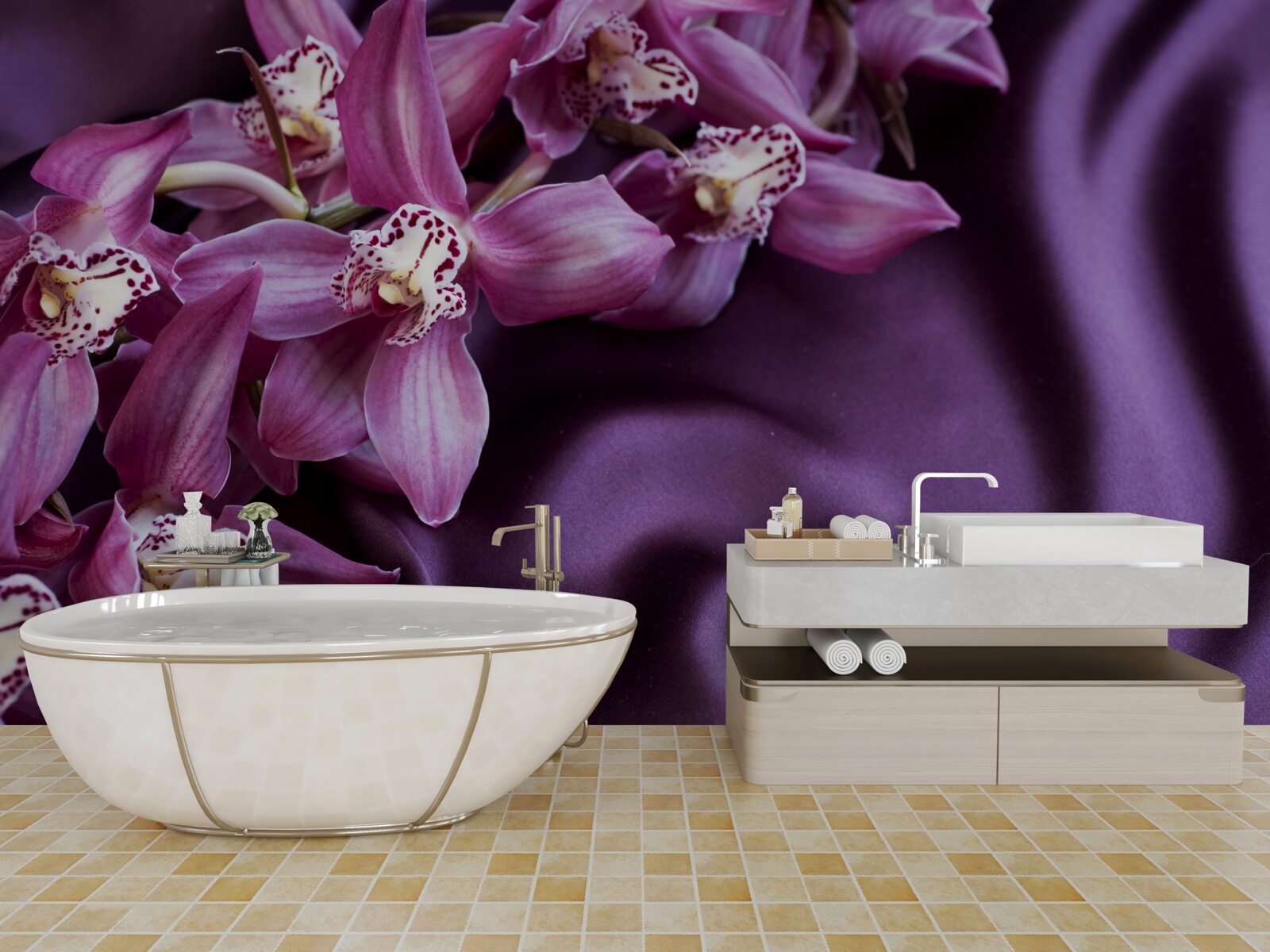 Fotobehang paarse orchideeën op satijn in dezelfde tint