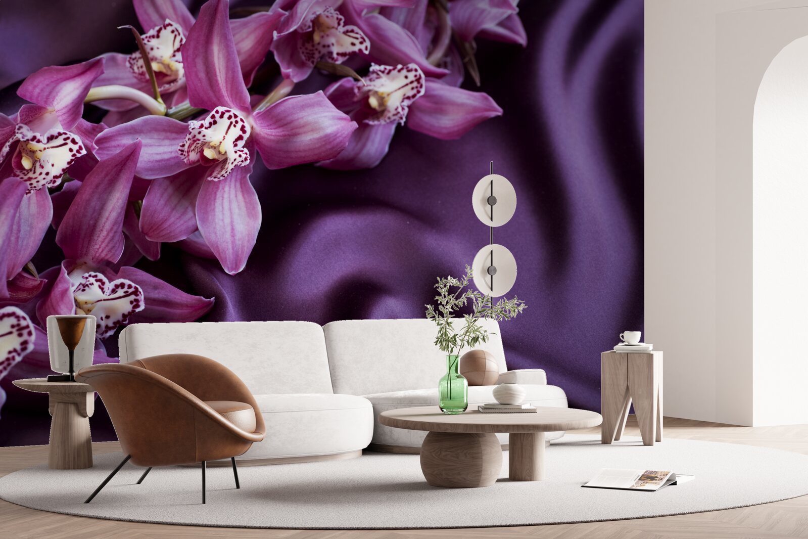 Fotobehang paarse orchideeën op satijn in dezelfde tint