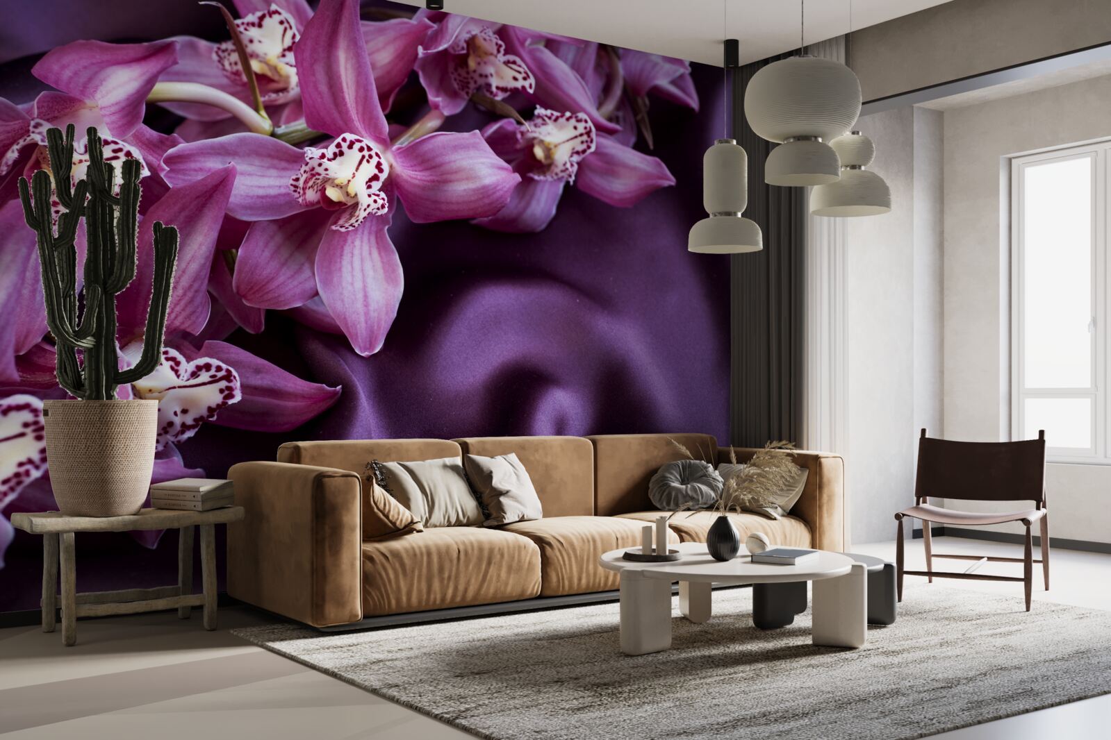 Fotobehang paarse orchideeën op satijn in dezelfde tint