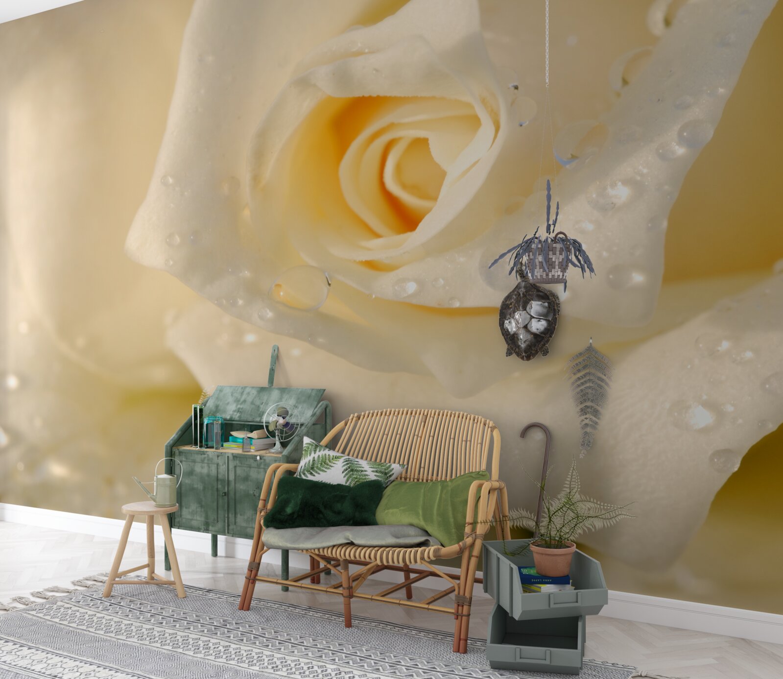 Fotobehang roos in druppels, wit geschilderd